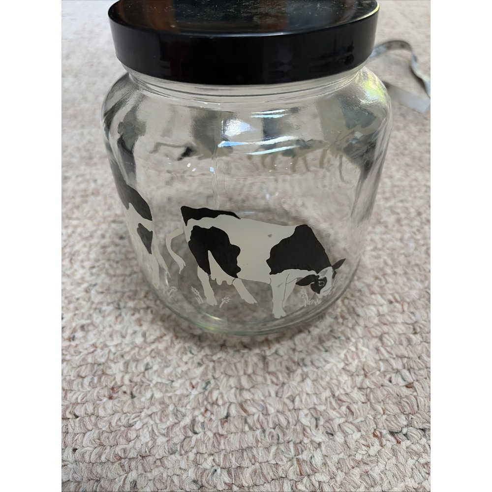 Vintage Holstein Cow Glass Cookie Jar Canister with Black Lid Farmhouse Decor
